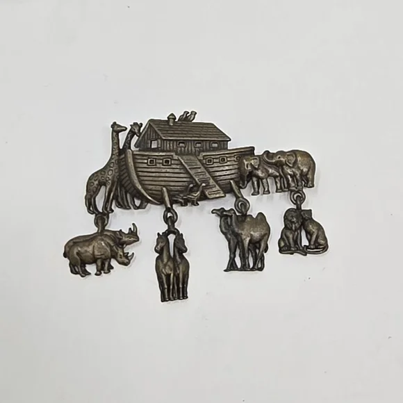Vintage JJ Jonette pin brooch Noah's Ark 1980s dangle charms wild animal camel - Picture 2 of 7